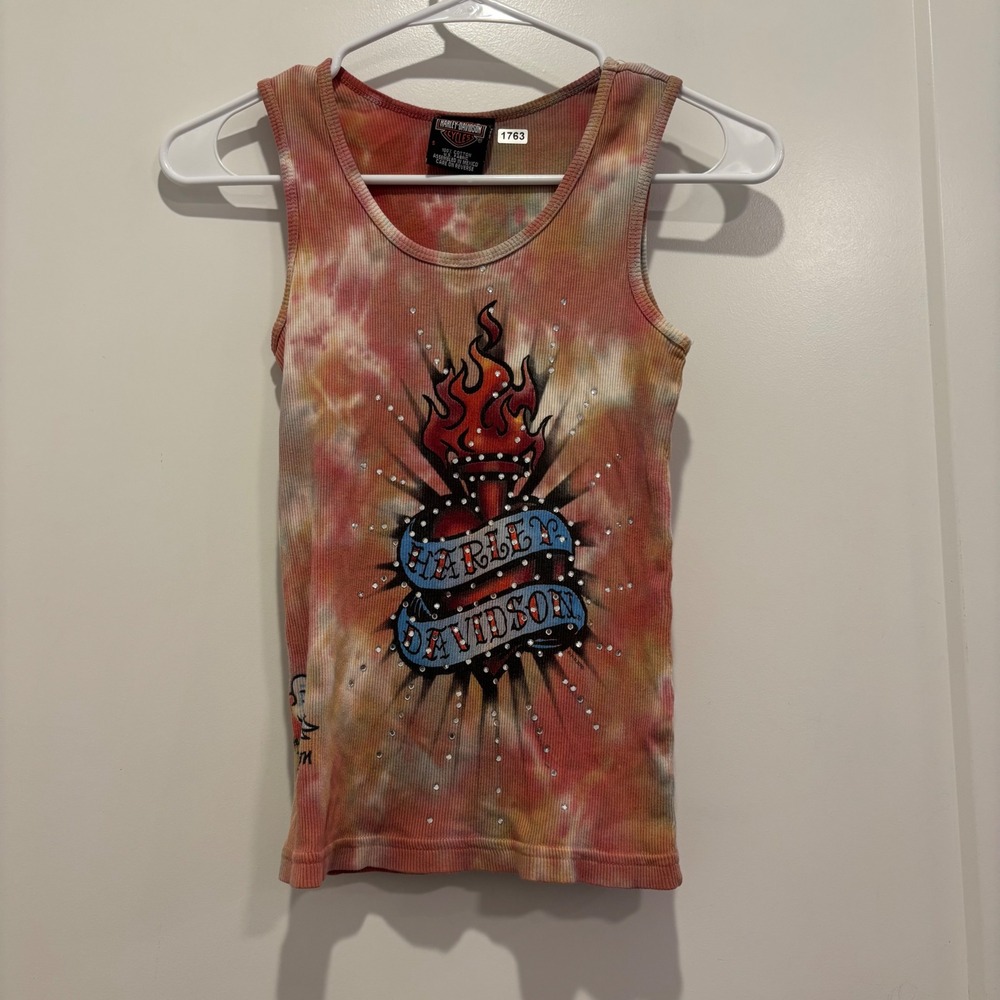 Harley-Davidson Womens Tie Dye Flaming Heart Rhinestone Ribbed Tank Top Small